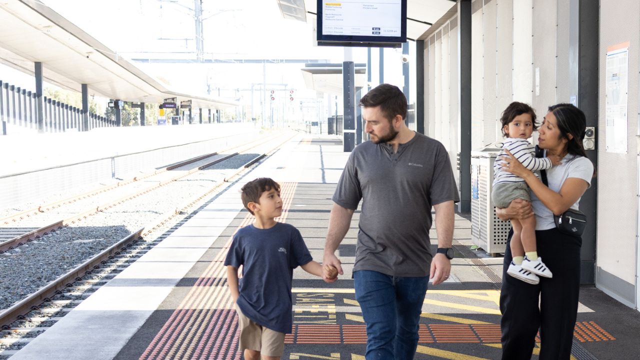 Family walking along a train platform