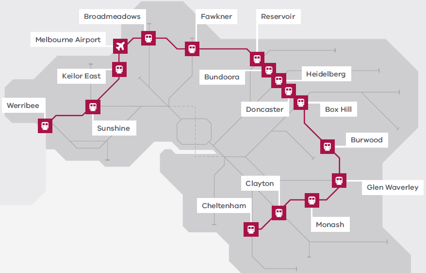 Map showing the Suburban Rail Loop
