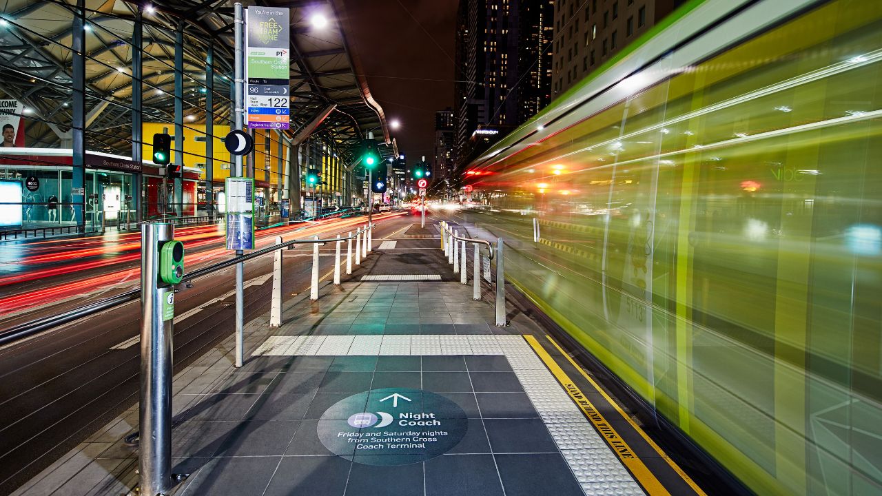 Tram at a stop in metro Melbourne